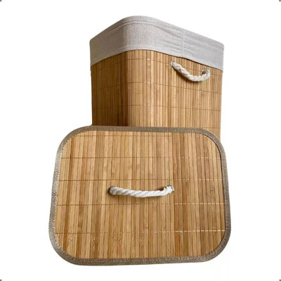 Cesto de Ropa de Bambú Plegable con Forro Interno y Tapa